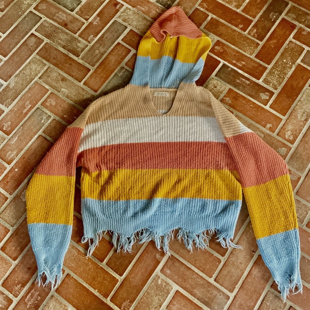 Super cute and comfy cozy Knitted stripped frayed top with hood!